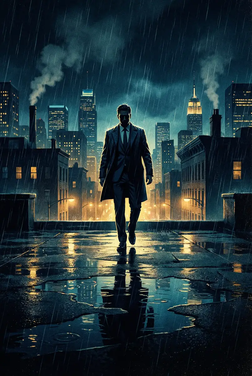 俄罗斯美女 出品影片《雨夜独行者》海报，雨中城市屋顶男性剪影